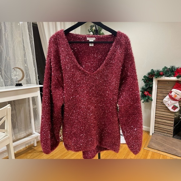 H&M Holiday Radiance: Glittering Red V-Neck Sweater - Picture 1 of 3
